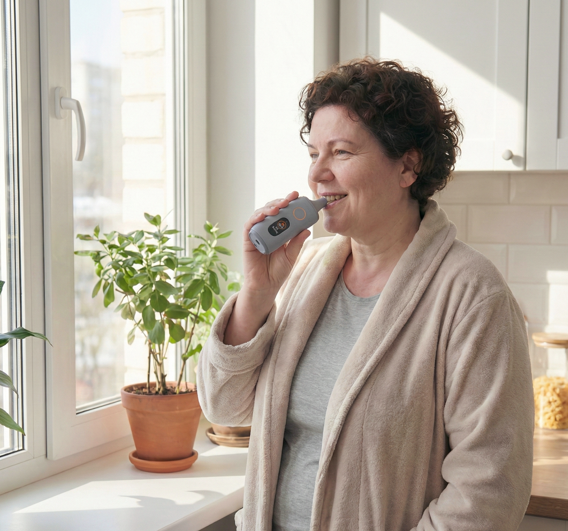 Woman using the BOYDSense device to take a metabolic breath measurement while standing in a bright kitchen near a window